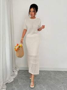 Elenzga 2025新款法式白色镂空短袖上衣+半裙两件套，春季 - 米色 - 查看 4