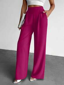 EURMUSE Pantaloni casual larghi a vita alta plissettati di colore unito per donna - Fucsia - Visualizzare 4