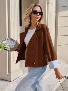 Serisse Women's Casual Lapel NeckRaglan Sleeve Double-Breasted Trench Coat, Autumn Winter Brown - Brown - View 8