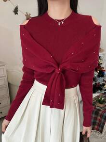 FRIFUL Suéter casual versátil de mujer de cuello redondo sólido rojo, de manga larga con hombros descubiertos, 2 en 1 con cuello de chal, decoración de rhinestones, ajustado y delgado, para otoño/invierno - Rojo - Ver 5