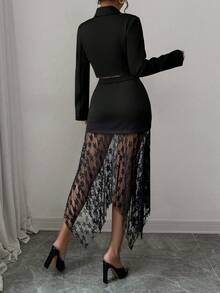 Elenzga Ensemble tailleur élégant à contraste de dentelle pour femmes, automne - Noir - Voir 2