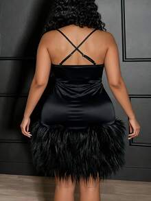 Veslaya Nuevo vestido mini de punto brillante con cuello en pico, sin mangas, con ribete de piel sintética en el bajo, en color negro sólido, elegante y lujoso, para otoño/invierno, ideal para fiestas, citas, eventos, ceremonias, bodas, graduaciones y otras ocasiones especiales, tallas grandes - Negro - Ver 3