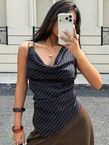 Siren Gaze Áo sơ mi sọc cổ bẻ eo bất đối xứng dành cho nữ, áo công sở thanh lịch có nút kim loại trang trí vai, thời trang, đi làm, thanh lịch, gợi cảm, kỳ nghỉ, bãi biển, Hawaii, cổ xếp nếp, áo sơ mi sọc, áo đi chơi - Màu xanh hải quân - Xem 3