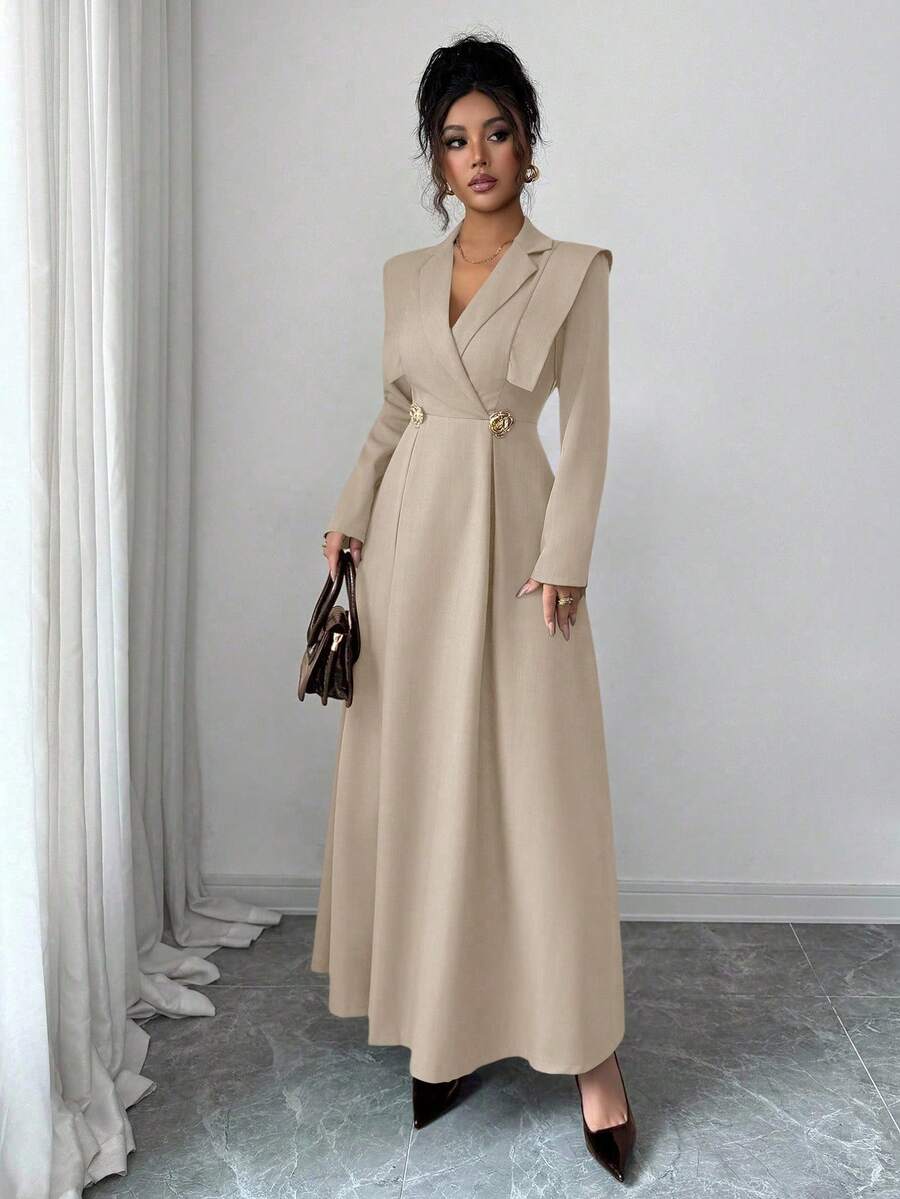 Elenzga 优雅交叉领收腰A字连衣裙，金属花卉图案，适合工作，秋冬，棕色 - 卡其色 - 查看 1