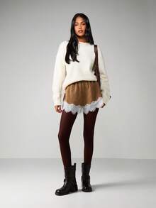 MISSGUIDED Women's Suede Lace Trim High Rise Mini Shorts With White Crochet Hem Detailing - Brown - View 3