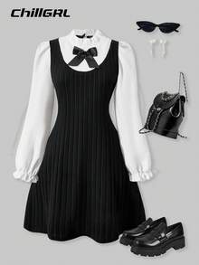 SHEIN ChillGRL 女式荷叶边领泡泡袖拼接休闲迷你连衣裙 - 黑與白 - 查看 1