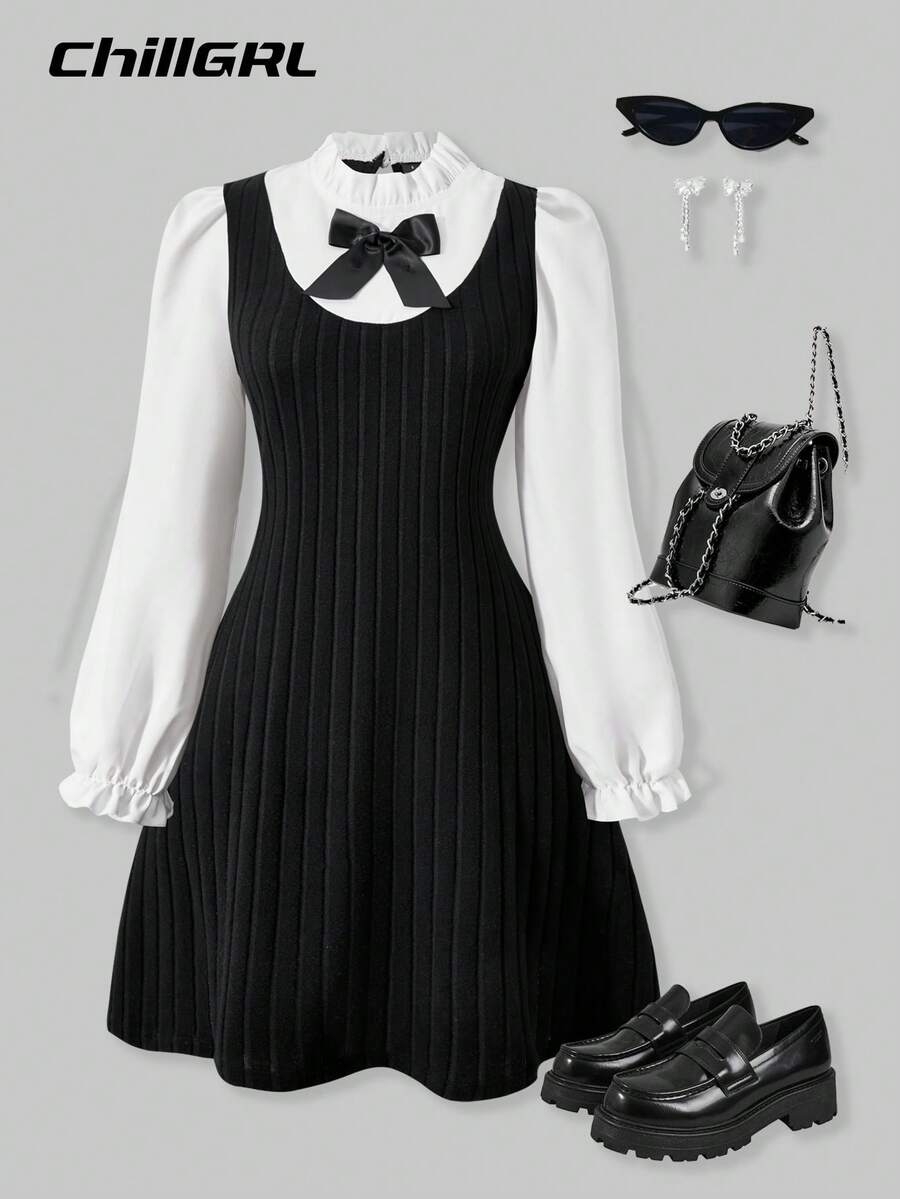 SHEIN ChillGRL 女式荷叶边领泡泡袖拼接休闲迷你连衣裙 - 黑與白 - 查看 1