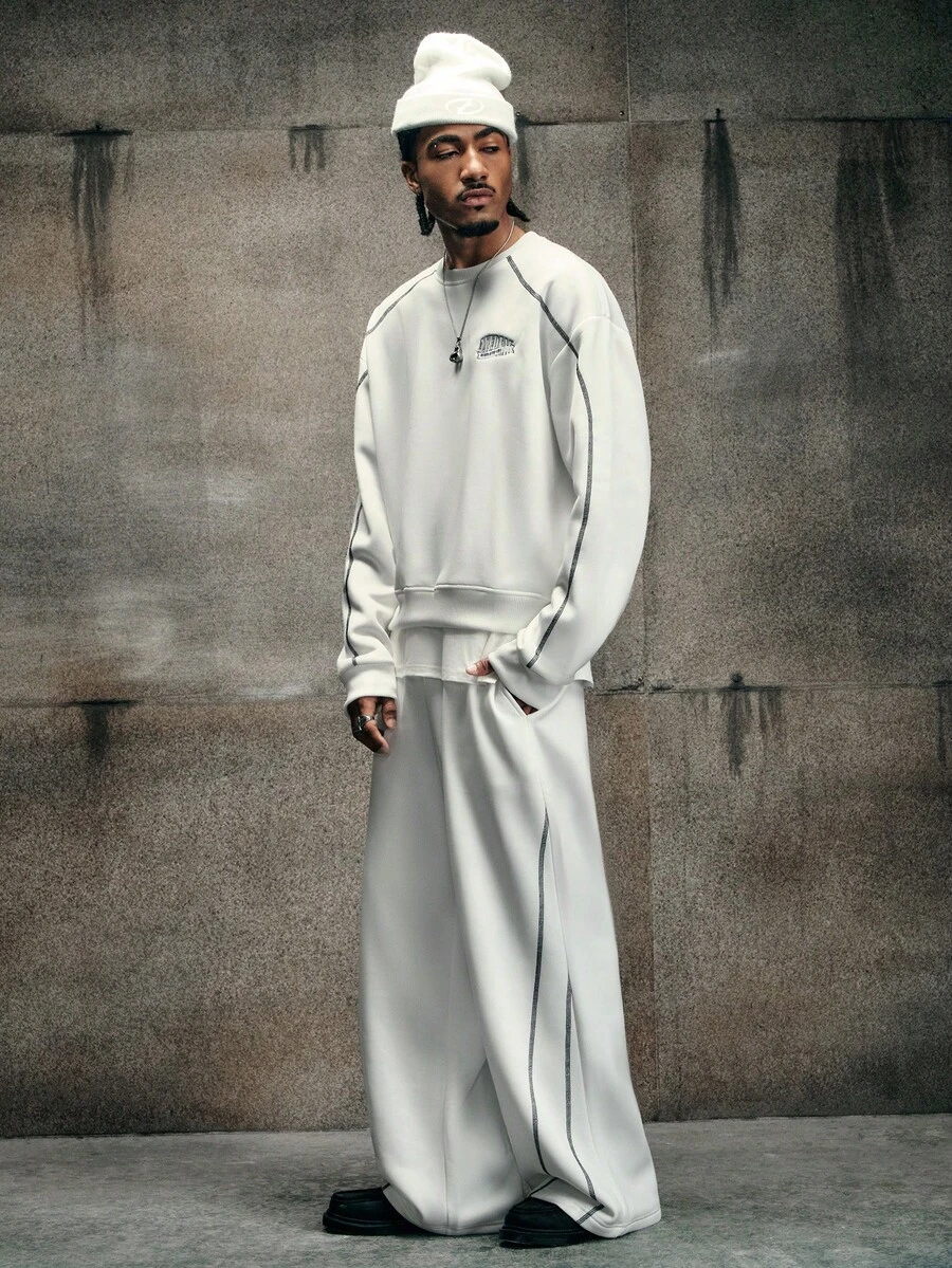 AXEPEAK Men's Casual Letter Embroidery Drop Shoulder Sweatshirt And Pants Set, Autumn