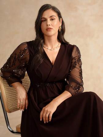 Flouryn Plus Size Women Elegant V-Neck Sequin Lace Patchwork Long Sleeve, Waist Cinched A-Line Long Black Chiffon Maxi Dress Suitable For Party, Gathering
