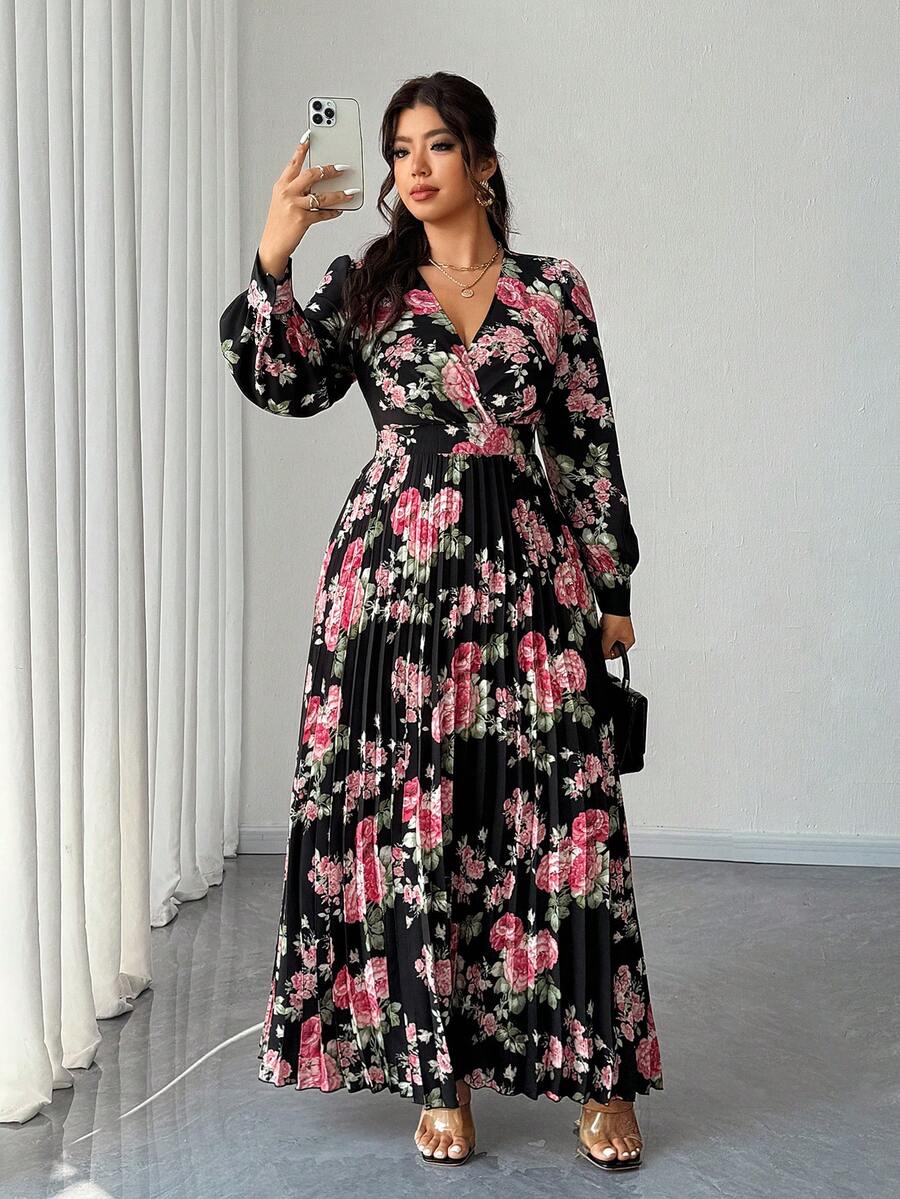 Elenzga 大码女式优雅浪漫碎花长袖 V 领褶皱飘逸长裙，适合派对、婚礼、春秋季 - 彩色 - 查看 1