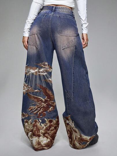 Grunge Punk Vintage Washed Renaissance Angel Embroidery Loose Wide Leg Low Waist Jeans