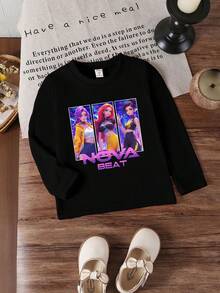 SHEIN Explorewe 女孩休闲可爱卡通韩国流行动漫女孩图案印花黑色圆领长袖 T 恤，适合秋冬季服装 - 黑色 - 查看 4