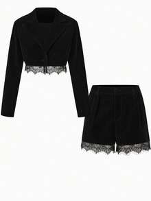 INAWLY مجموعة جاكيت قصيرة وشورت مزينة بالدانتيل الأسود قطعتان