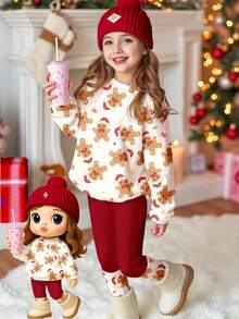 SHEIN Bộ đồ Happikins chủ đề Giáng sinh, hình người bánh gừng dễ thương và vui nhộn, họa tiết nơ, gồm áo nỉ dài tay cổ tròn và quần legging, thích hợp cho bé gái mặc hàng ngày vào mùa thu/đông, dịp năm mới, phong cách đường phố và các ngày lễ. - Nhiều màu - Xem 3