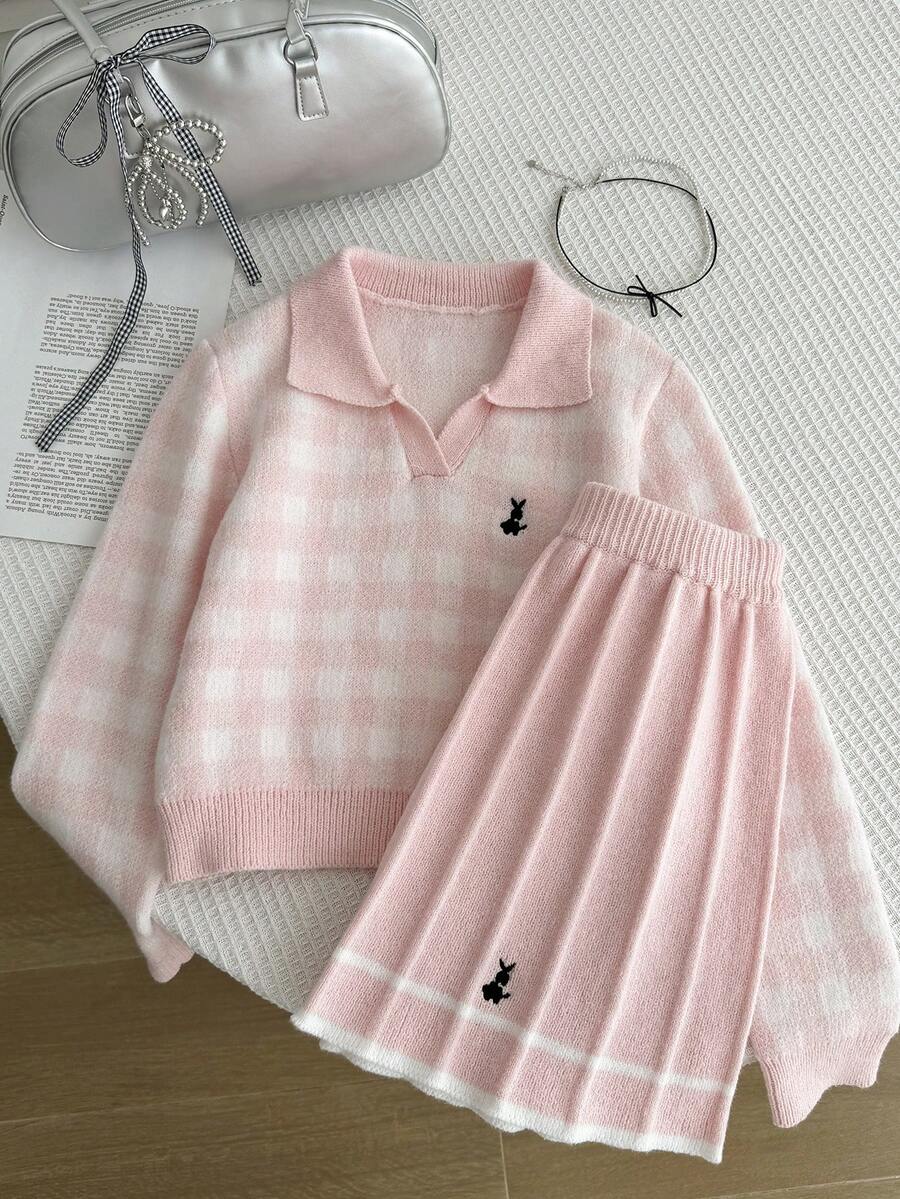 Sparklyn 2pcs/Set Girls Knitted Outfit, Pink Cute Embroidered Rabbit Plaid Sweater + Knitted Mini Skirt, Teenage Girls Long Sleeve V-Neck Pullover, Casual Elegant Style For Autumn/Winter Two Piece Kids Set Skirt Plaid Tween Matching Set Knit Girl Clothes Skirt Set Girl Knit Set Pink Checkers Outfits Kids - Pink - View 1