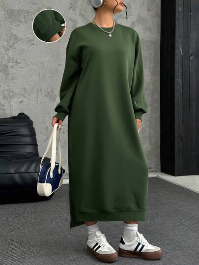 SHEIN EZwear Plusstorlek lös, avslappnad lång fleeceklänning, höst/vinter