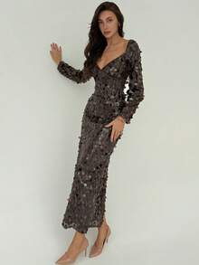 Aloruh Women's Christmas & Halloween Heart Neck Sequin Maxi Dress, Party Wear,Party Dresses For Women