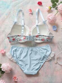 2pcs Floral Cute Satin Underwire Push-Up Balconette Bra Set, Padded, Strapless, Ruffle Trim, Mesh Insert, Comfortable, Romantic Countryside Style Women's Lingerie Set - Blue - View 2