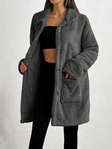 SHEIN Tall Front Pocket And Button Detailed Hooded Very Cozy And Soft Faux Fur Women Coat - Dark Grey - View 5