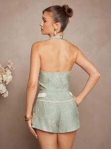 L'Amorae Embroidered Shell Button Backless Halter Top, Summer - Mint Green - View 5