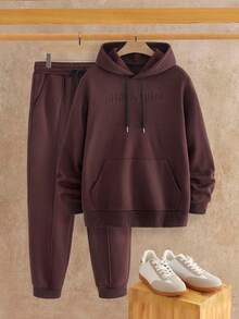 Manfinity VCAY Men's Casual Embossed Hoodie Set - Coffee Brown - View 2