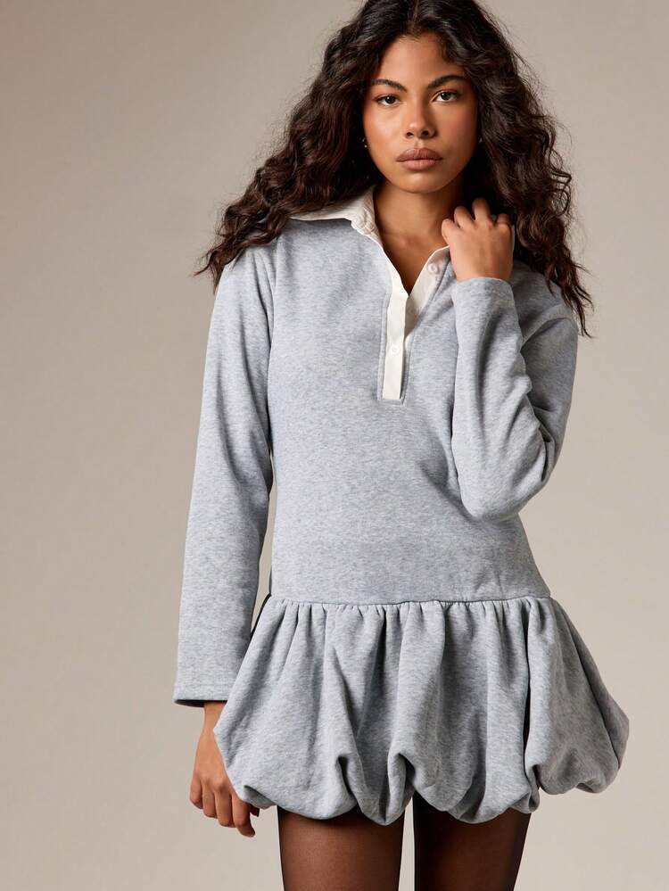 Collared Long Sleeve Bubble Hem Mini Dress