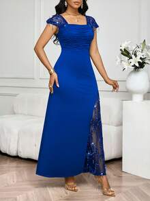 SHEIN Lady 派对宴会撞色亮片网眼蕾丝边修身连衣裙生日和活动连衣裙/办公室连衣裙/教堂连衣裙/婚纱/节日连衣裙/优雅连衣裙/派对连衣裙/婚礼宾客连衣裙女士 - 寶藍色 - 查看 6