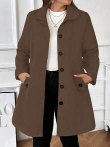 大码休闲纯色外套，秋冬季 - 駝色 - 查看 7