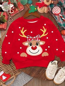 SHEIN Frohe Weihnachten, lässiger, minimalistischer Weihnachtspullover für Kleine Mädchen, süßer, lustiger Cartoon mit Rudolph, dem rotnasigen Rentier und gepunktetem Schneeflockenmuster, rot, festlich, lockere Passform, gemütlicher Rundhalsausschnitt, langärmeliges Strick-Sweatshirt, geeignet für Herbst/Winter, Weihnachtspullover für Kinder, Rentierpullover, roter Weihnachtspullover, Kleine Mädchen, Weihnachts-Sweatshirt, Pullover für Kinder, Kleine Mädchen