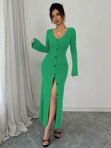 Elenzga Women's Front Button Flare Sleeve Fitted Knit Dress - Green - View 6