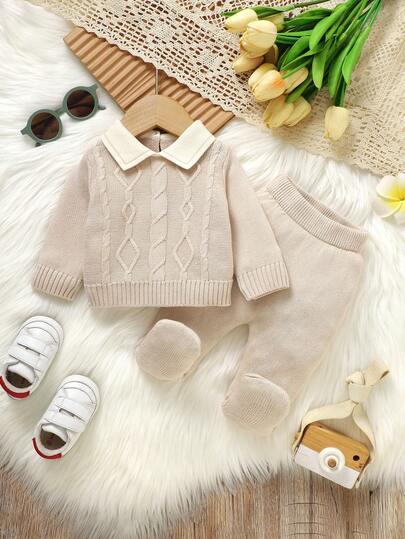 SHEIN Conjunto de suéter estilo caballero para bebé, con camisa de cuello Peter Pan de manga larga combinada con pantalones recién nacidos con pies, minimalista pero elegante, nueva opción de uso diario, que muestra el aspecto de caballero del bebé