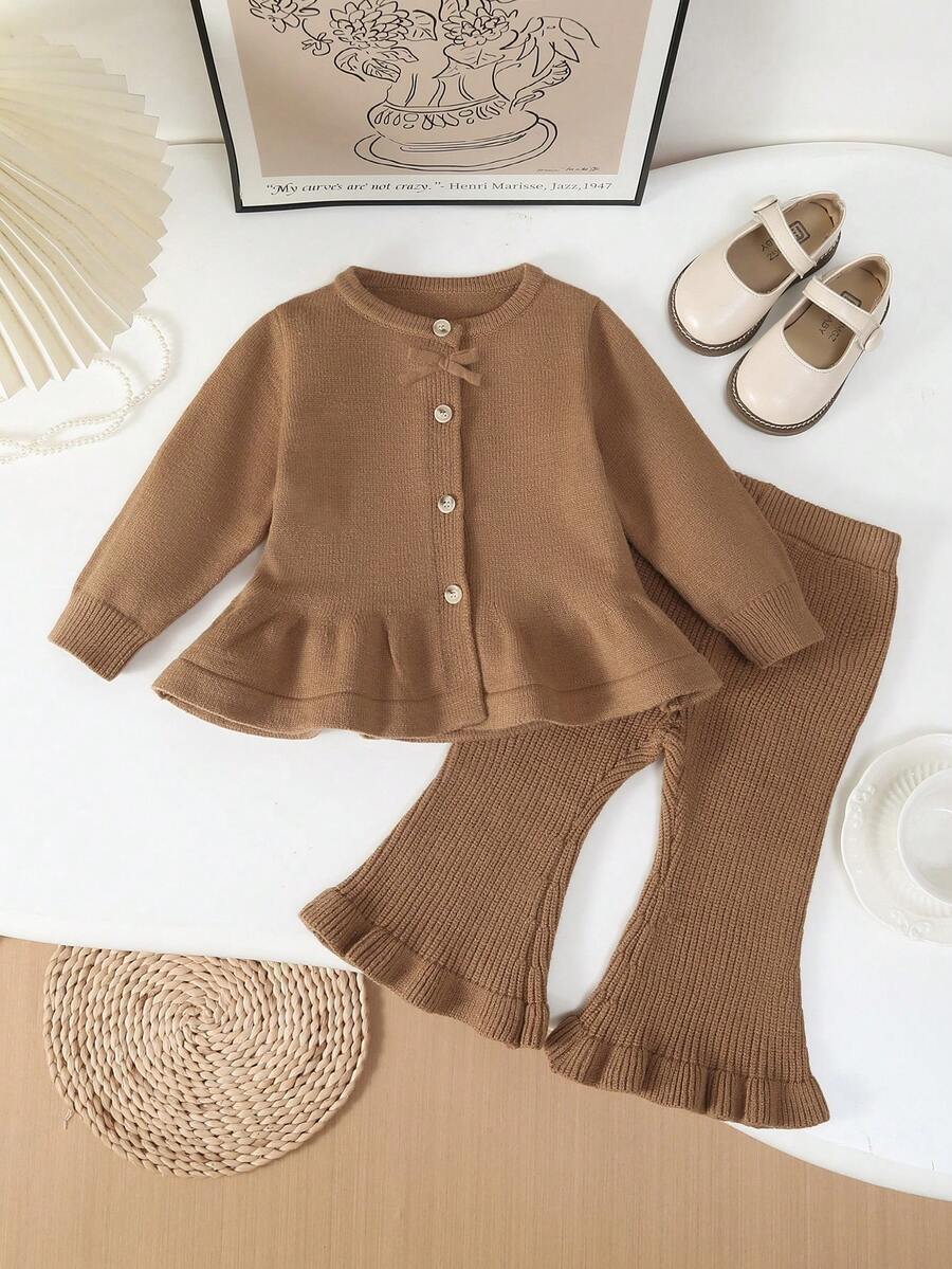 SHEIN Vintaside Kids 2 件套女婴针织毛衣和喇叭裤套装,粉色纯色圆领长袖套头开衫 + 针织混纺喇叭裤,时尚百搭,适合秋冬季日常穿着、外出、上学 - 棕色 - 查看 1