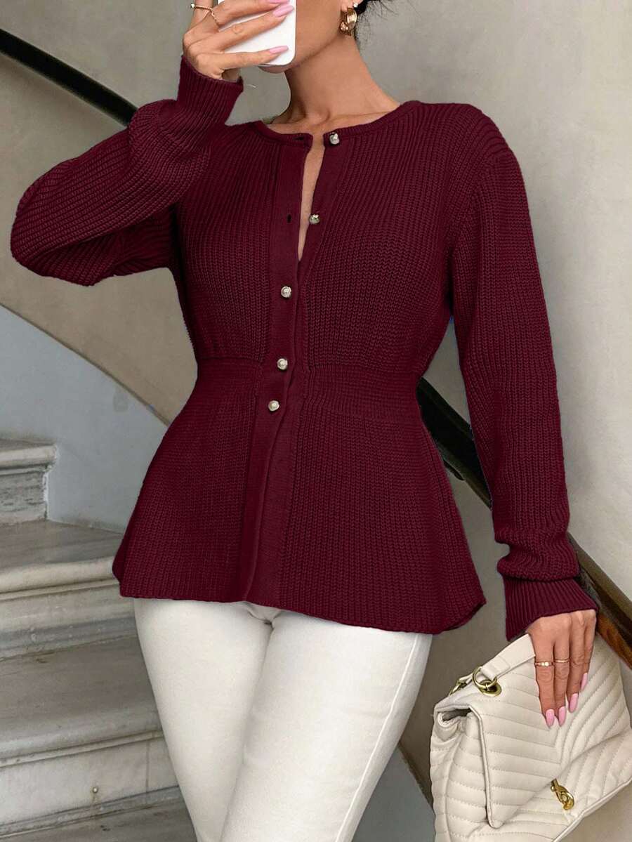 EURMUSE Knitwear Peplum Hem Cardigan With Fancy Buttons - Burgundy - View 1