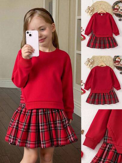 SHEIN 小女孩拼色长袖连衣裙，红色连衣裙，红色运动衫，圣诞连衣裙，适合日常、派对、校服，秋冬