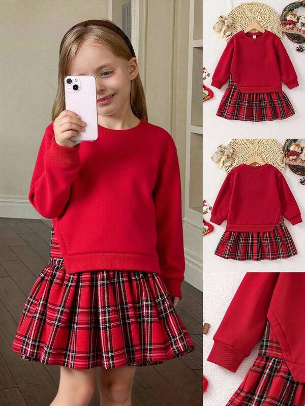 SHEIN Vestido de manga comprida com blocos de cores para meninas, vestido vermelho, moletom vermelho, vestido de Natal, adequado para o dia a dia, festa, roupa escolar, outono/inverno