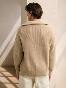 RONVEXI Men Solid Zip Up Drop Shoulder Cardigan Chunky Plain Khaki Urban Fashion Plain Drop Shoulder Cardigan, For Husband, Boyfriend Gifts, Fall/Winter - Apricot - View 3