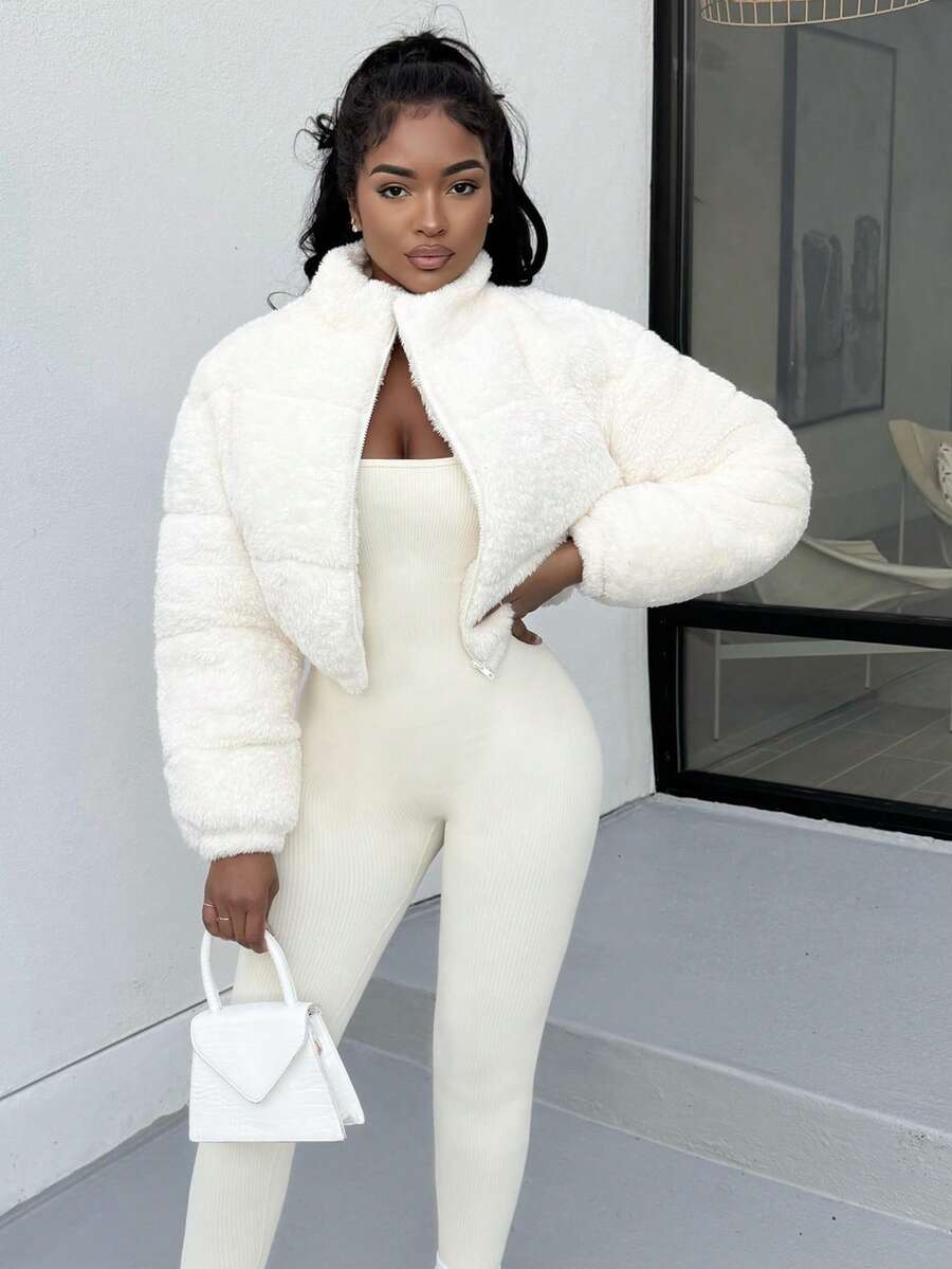 Alexandranx Women Casual Solid Color Faux Shearling Cropped Puffer Jacket, Winter - Beige - View 1