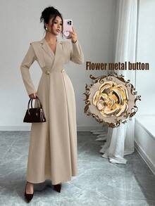 Elenzga 优雅交叉领收腰A字连衣裙，金属花卉图案，适合工作，秋冬，棕色 - 卡其色 - 查看 6