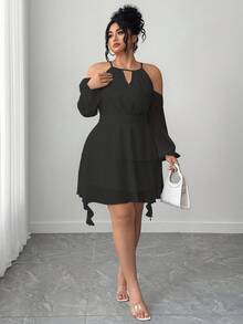 Elenzga Plus Size Women's Open Shoulder Solid Color Keyhole Neck Lantern Sleeve Dress - Black - View 4