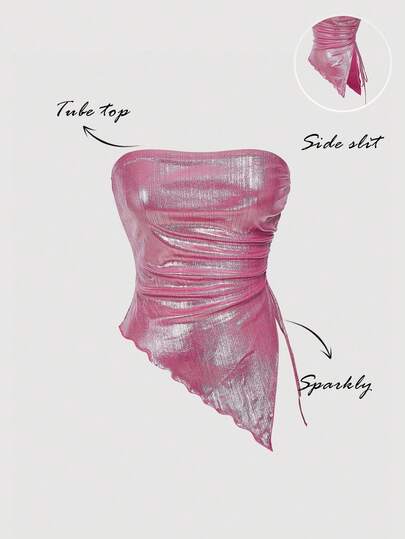 SHEIN MOD 女士时尚 Y2K 不对称下摆侧边抽绳粉色抹胸上衣，秋冬季，万圣节、感恩节、圣诞节、新年等节日皆宜，闪亮上衣，沙滩装，Y2K 风格，亮片