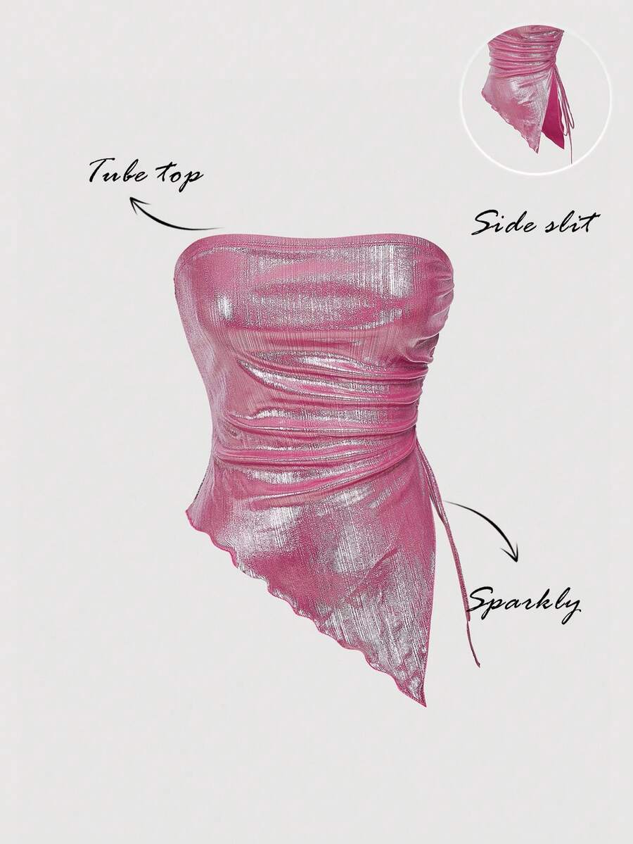 SHEIN MOD Áo bandeau màu hồng có dây rút bên hông viền bất đối xứng Y2K thời trang nữ, Thu/Đông, Halloween dành cho nữ, Lễ Tạ ơn, Giáng sinh dành cho nữ, Năm mới, Áo lấp lánh, Bãi biển dành cho nữ, Y2K, Kim sa - Hồng - Xem 1