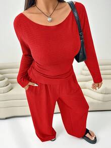 SHEIN EZwear 2件套加大码纹理红色圆领长袖上衣和裤子套装 - 紅色 - 查看 3