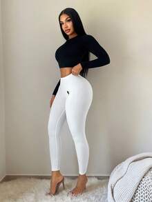 SHEIN SXY 百搭商务休闲白色刺绣打底裤，白色打底裤，宠物裤，瑜伽裤，白色运动裤，健身裤，白色下装，感恩节 - 白色 - 查看 7