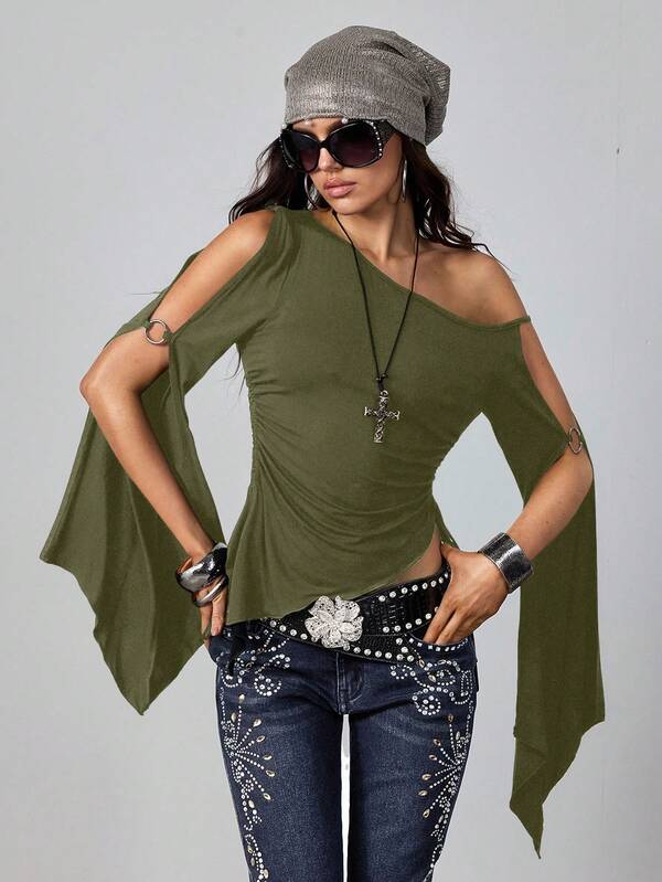 ROMWE Hippie Camiseta casual de mujer con hombros asimétricos, cintura ceñida y mangas acampanadas tipo murciélago, con estilo vintage
