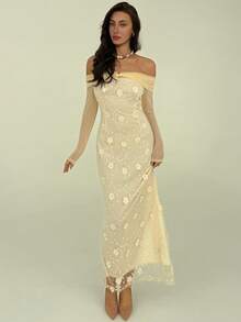 Aloruh Vestido midi de manga larga elegante para mujer con aplicaciones, parche de malla hombros descubiertos