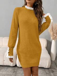 SHEIN LUNE Gaun Rajut Lengan Raglan Kerah Renda Kasual Wanita, Musim Gugur/Dingin - Kuning - View 7