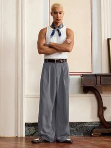 SWAVVY 男士梭织休闲宽松条纹松紧腰直筒裤，秋季 - 藏蓝色 - 查看 3