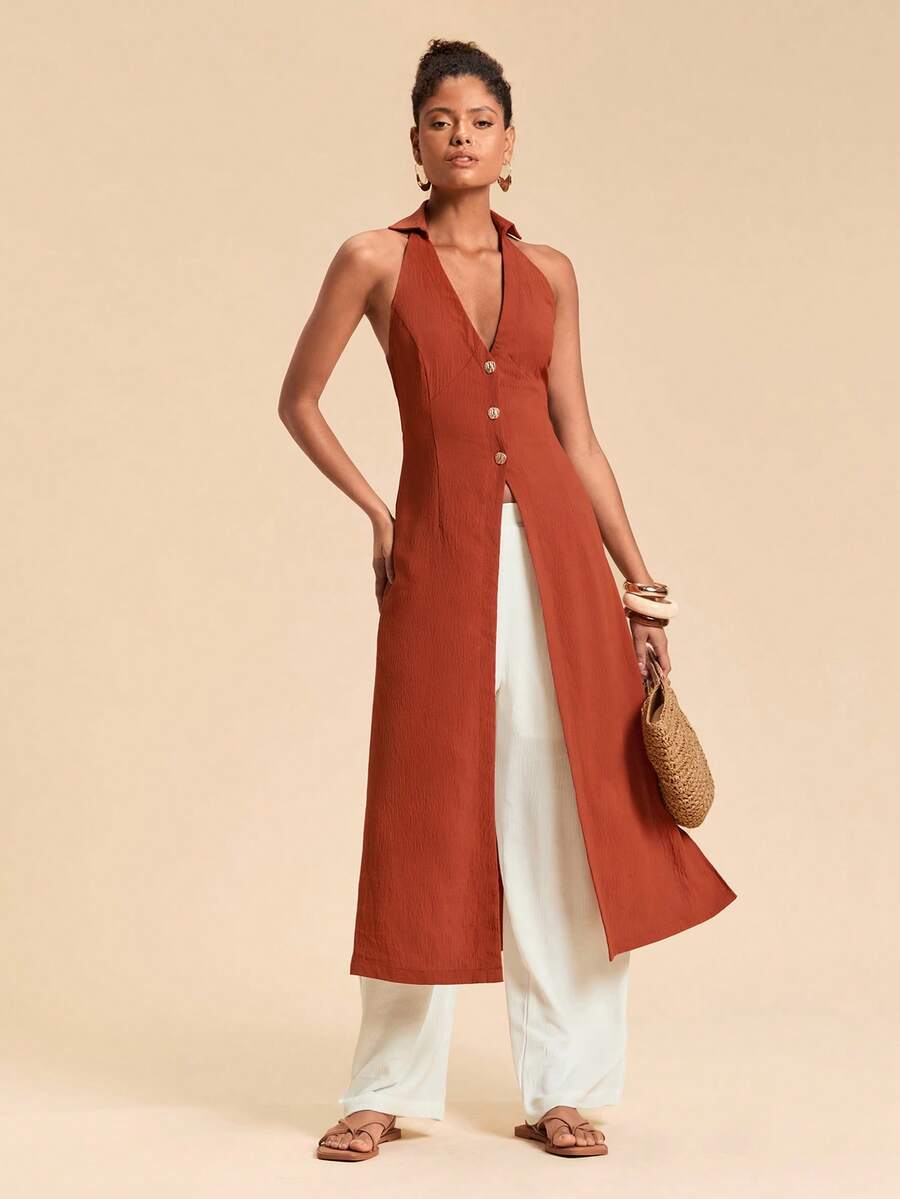 Travachic Women's Rust Brown Summer Elegant Vacation Holiday 2 Pieces Set,Halter Neck Long Top And Pants,Resort Outfits,Christmas New Year Thanksgiving Clothes - Multicolor - View 1