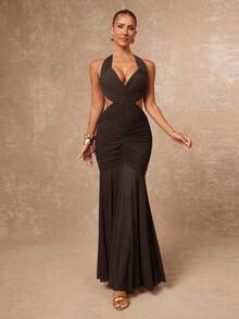 Lumalex Mesh Patchwork ausgestellter Rock durchsichtig geraffte komplexe Struktur Trägerkleid mit offenem Rücken für Frauen