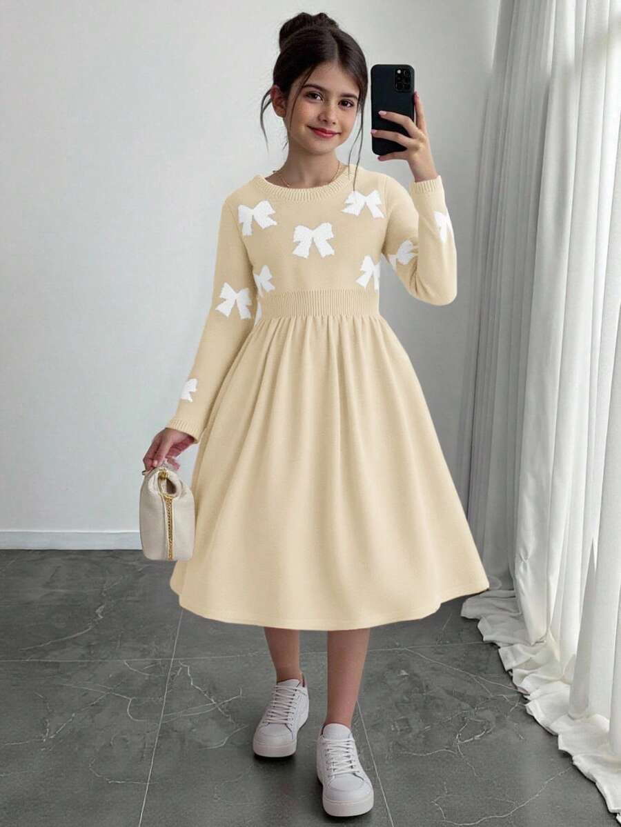 SHEIN Robe pull en tricot à col rond, manches longues, avec nœud décoratif, style minimaliste et confortable pour préadolescentes - Nude - Voir 1